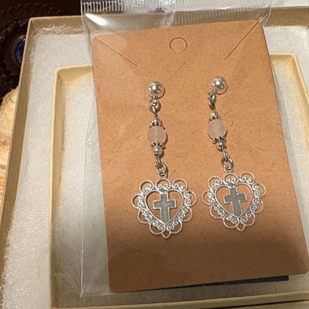 Elegant Silver Cross Heart Earrings